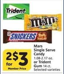Mars Single Serve Candy or Trident Gum