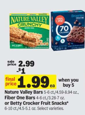 Nature Valley Bars, Fiber One Bars or Betty Crocker Fruit Snacks