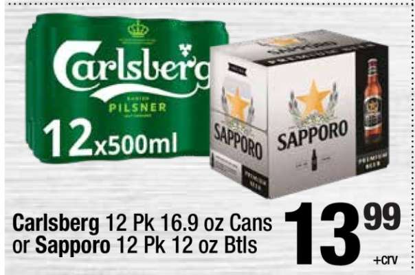 Carlsberg 12 Pk 16.9 oz Cans or Sapporo 12 Pk 12 oz Btls