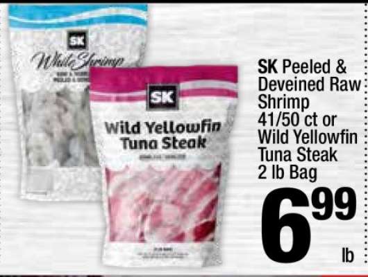 SK Peeled & Deveined Raw Shrimp 41/50 ct or Wild Yellowfin Tuna Steak 2 lb Bag