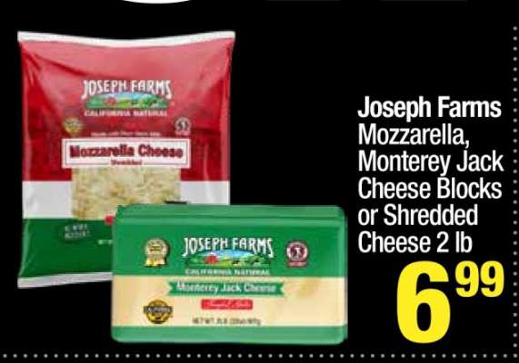 Joseph Farms Mozzarella, Monterey Jack Cheese Blocks or Shredded Cheese 2 lb