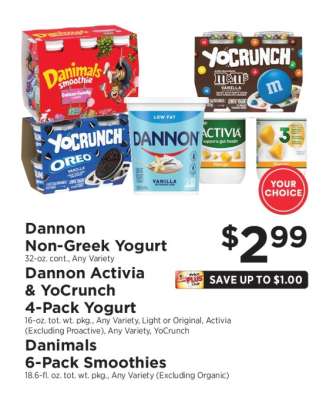 Dannon Non-Greek Yogurt, Dannon Activia & YoCrunch 4-Pack Yogurt, Danimals 6-Pack Smoothies