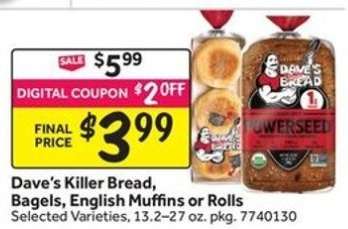 Dave's Killer Bread, Bagels, English Muffins or Rolls