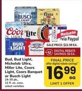 Bud, Bud Light, Michelob Ultra, Miller Lite, Coors Light, Coors Banquet or Busch Light