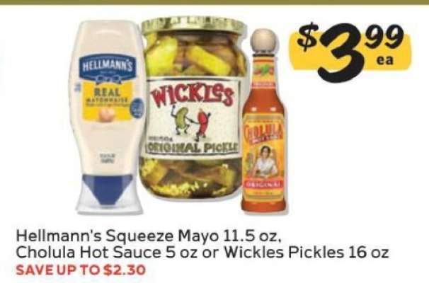 Hellmann's Squeeze Mayo, Cholula Hot Sauce, Wickles Pickles