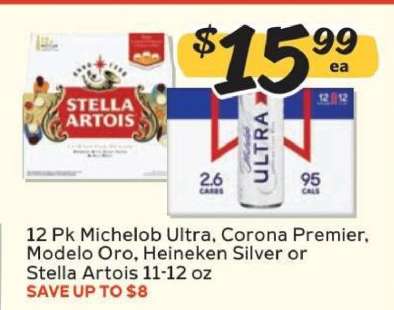 12 Pk Michelob Ultra, Corona Premier, Modelo Oro, Heineken Silver or Stella Artois
