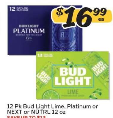 12 Pk Bud Light Lime, Platinum or NEXT or NÜTRL