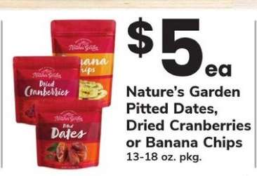 Nature’s Garden Pitted Dates, Dried Cranberries or Banana Chips