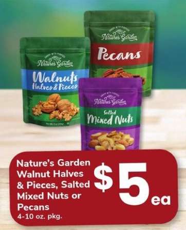 Nature's Garden Walnut Halves & Pieces, Salted Mixed Nuts or Pecans