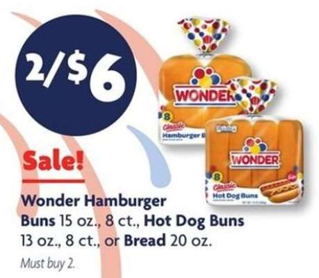 Wonder Hamburger Buns, Hot Dog Buns, or Bread