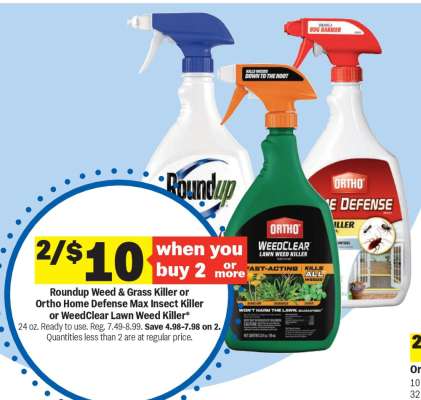 Roundup Weed & Grass Killer or Ortho Home Defense Max Insect Killer or WeedClear Lawn Weed Killer