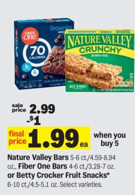 Nature Valley Bars, Fiber One Bars or Betty Crocker Fruit Snacks