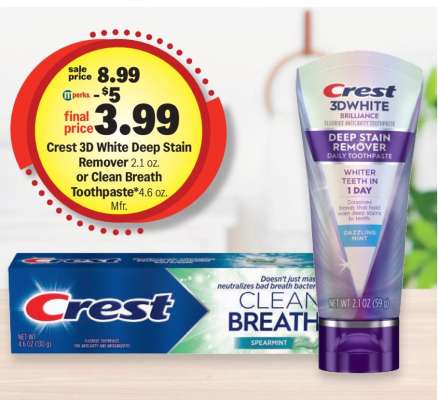 Crest 3D White Deep Stain Remover or Clean Breath Toothpaste