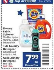 Downy Fabric Softener, Tide Laundry Detergent, Gain Laundry Detergent