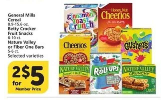 General Mills Cereal, Betty Crocker Fruit Snacks, Nature Valley or Fiber One Bars