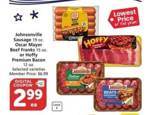 Johnsonville Sausage, Oscar Mayer Beef Franks, Hoffy Premium Bacon
