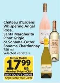 Château d'Esclans Whispering Angel Rosé, Santa Margherita Pinot Grigio or Sonoma-Cutrer Sonoma Chardonnay