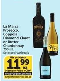 La Marca Prosecco, Coppola Diamond Claret or Butter Chardonnay