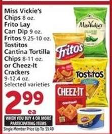Miss Vickie's Chips, Frito Lay Can Dip, Fritos, Tostitos Cantina Tortilla Chips, Cheez-It Crackers