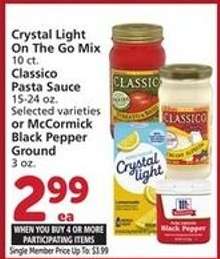 Crystal Light On The Go Mix, Classico Pasta Sauce, McCormick Black Pepper Ground