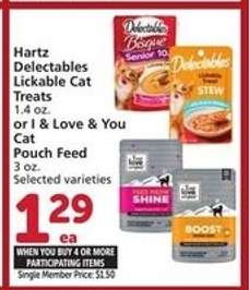 Hartz Delectables Lickable Cat Treats or I & Love & You Cat Pouch Feed