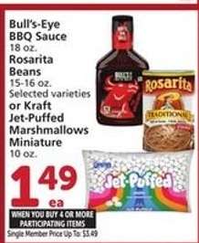 Bull's-Eye BBQ Sauce, Rosarita Beans, Kraft Jet-Puffed Marshmallows Miniature