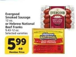 Evergood Smoked Sausage or Hebrew National Beef Franks