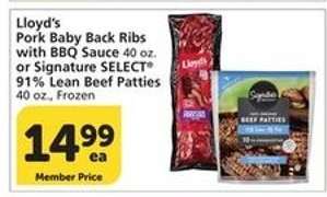 Lloyd's Pork Baby Back Ribs with BBQ Sauce or Signature SELECT 91% Lean Beef Patties