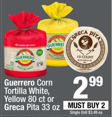 Guerrero Corn Tortilla White, Yellow 80 ct or Greca Pita 33 oz
