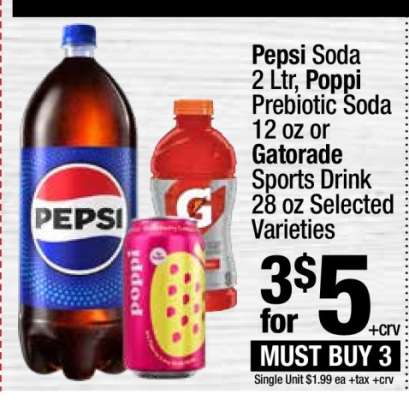 Pepsi Soda, Poppi Prebiotic Soda or Gatorade Sports Drink