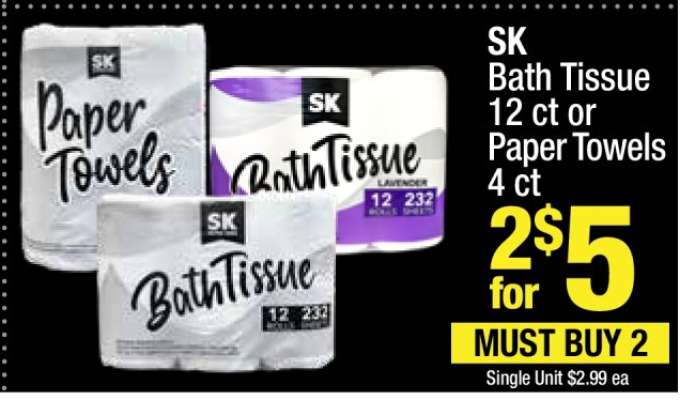 SK Bath Tissue 12 ct or Paper Towels 4 ct