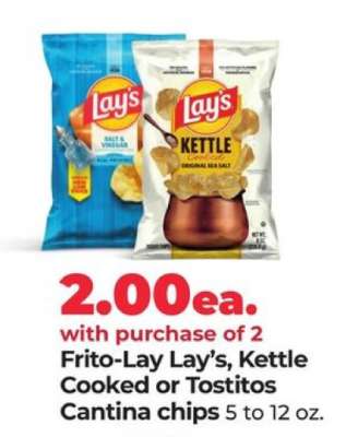 Frito-Lay Lay’s, Kettle Cooked or Tostitos Cantina chips