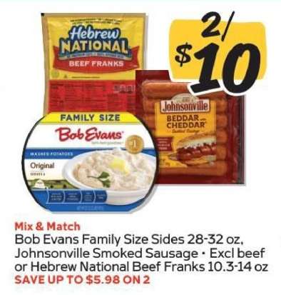 Bob Evans Family Size Sides, Johnsonville Smoked Sausage, Hebrew National Beef Franks