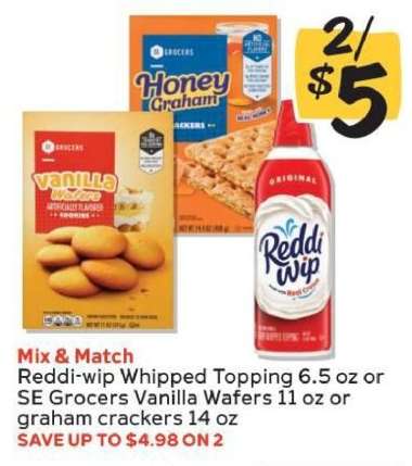 Reddi-wip Whipped Topping or SE Grocers Vanilla Wafers or Graham Crackers