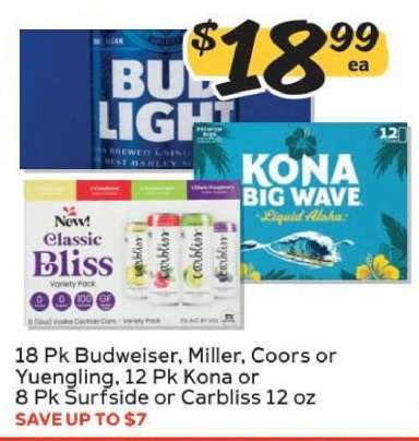 Budweiser, Miller, Coors, Yuengling, Kona, Surfside, Carbliss