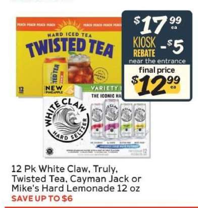 12 Pk White Claw, Truly, Twisted Tea, Cayman Jack or Mike’s Hard Lemonade