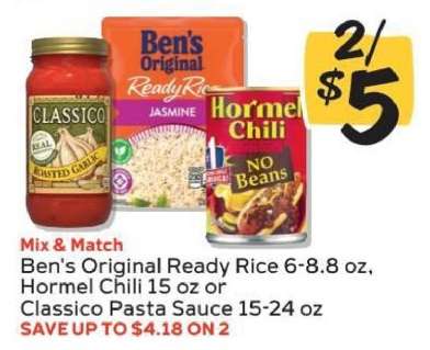 Ben's Original Ready Rice, Hormel Chili, Classico Pasta Sauce