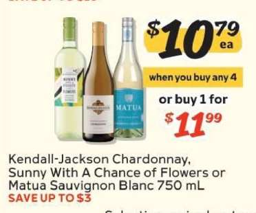 Kendall-Jackson Chardonnay, Sunny With A Chance of Flowers or Matua Sauvignon Blanc