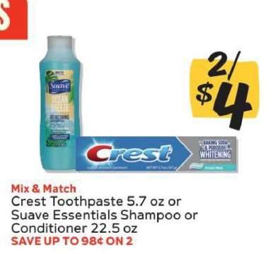 Crest Toothpaste or Suave Essentials Shampoo/Conditioner