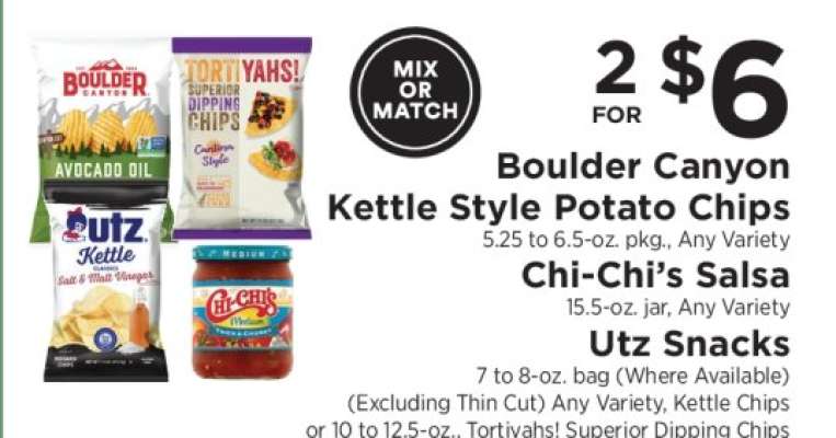 Boulder Canyon Kettle Style Potato Chips, Chi-Chi’s Salsa, Utz Snacks
