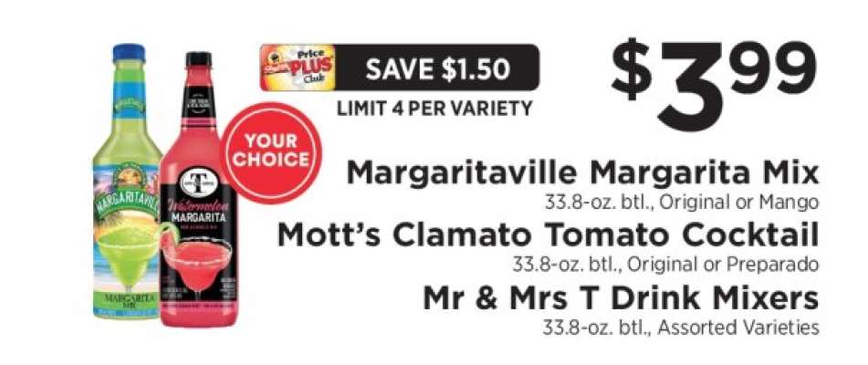 Margaritaville Margarita Mix, Mott’s Clamato Tomato Cocktail, Mr & Mrs T Drink Mixers
