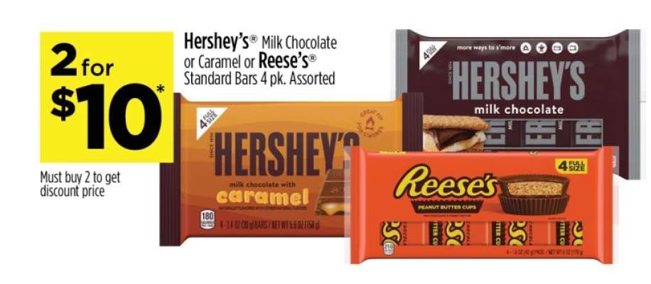 Hershey's Milk Chocolate or Caramel or Reese's Standard Bars 4 pk. Assorted