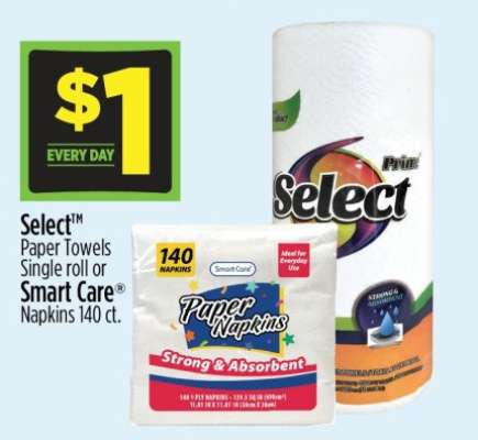 Select Paper Towels Single roll or Smart Care Napkins 140 ct.