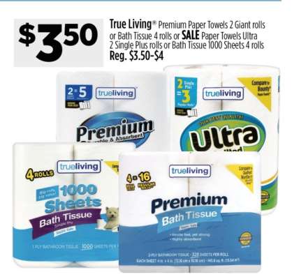 True Living Premium Paper Towels or Bath Tissue