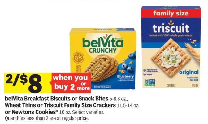 belVita Breakfast Biscuits or Snack Bites, Wheat Thins or Triscuit Family Size Crackers, or Newtons Cookies