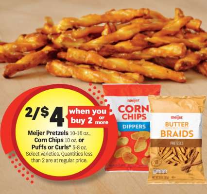 Meijer Pretzels, Corn Chips, Puffs or Curls