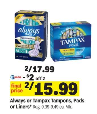 Always or Tampax Tampons, Pads or Liners