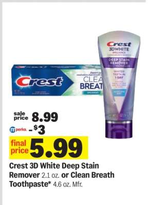 Crest 3D White Deep Stain Remover or Clean Breath Toothpaste