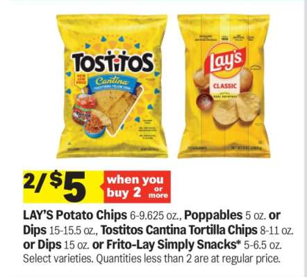 LAY'S Potato Chips, Poppables, Tostitos Cantina Tortilla Chips or Dips, Frito-Lay Simply Snacks