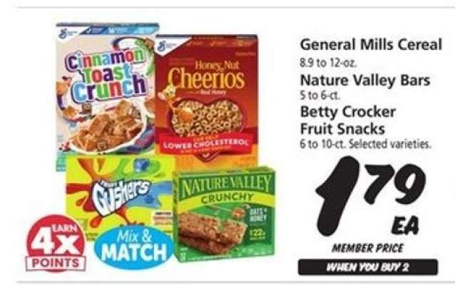 General Mills Cereal, Nature Valley Bars, Betty Crocker Fruit Snacks